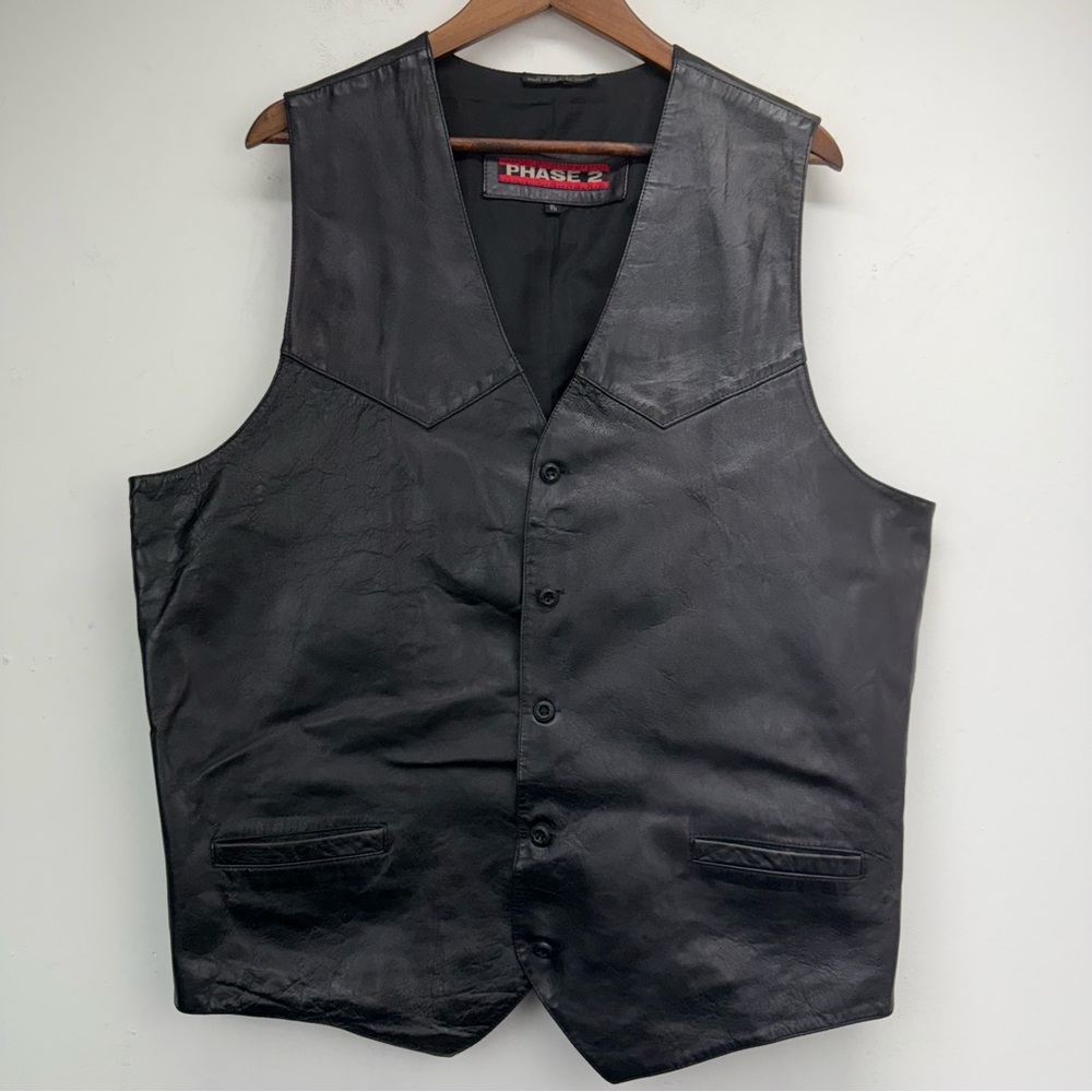 Phase 2 size XL Men’s Black Leather Button Up Motorcycle Biker Riding Vest